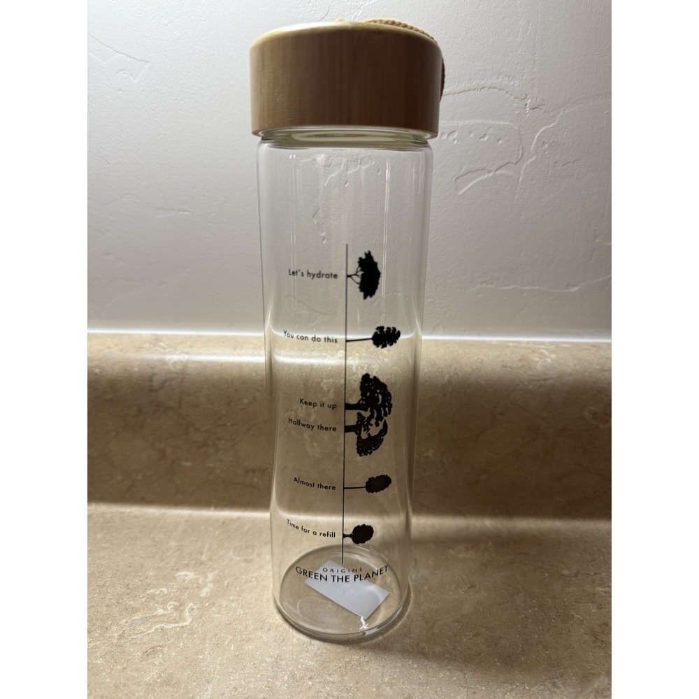 Origins Green The‎ Planet Glass Water Bottle Bamboo Lid Hydration Tracker 9"